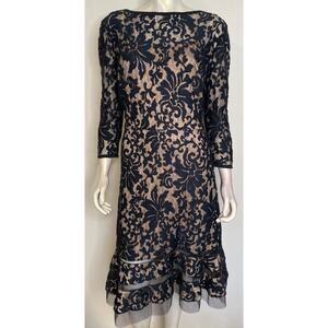 Tadashi Shoji Navy Blue Lace Dress Womens 16 Evening Floral 3/4 Sleeves